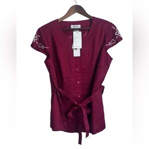 Lino USA 100% Linen Red Embellished Short Sleeve Top - SZ: XL NWT